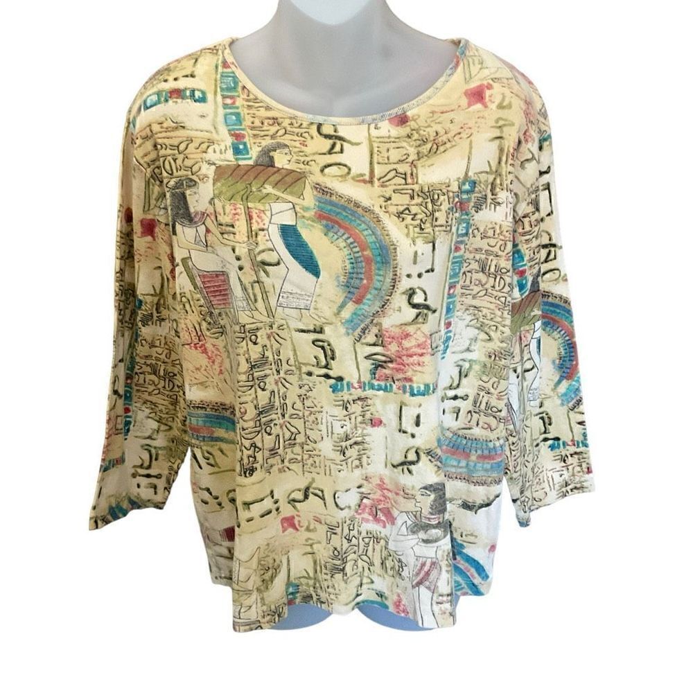 Chico’s Top Crew Neck Egyptian Graphic Tan Black Red Blue Chico’s 2 Equals Large
